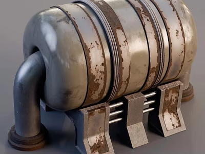Industrial Metallic Cylindrical Storage Tank Architectural Component With Pipes And Rustic Supports 3d model