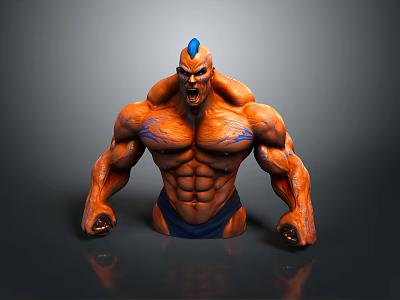 Muscular Game And Movie Character With Orange Skin Blue Patterns Spiked Head And Fierce Expression 3d model