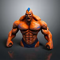 Muscular Game And Movie Character With Orange Skin Blue Patterns Spiked Head And Fierce Expression