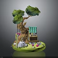 Enchanted Miniature Scene with Tree Small Hut Mushrooms and Flowers on Green Circular Base