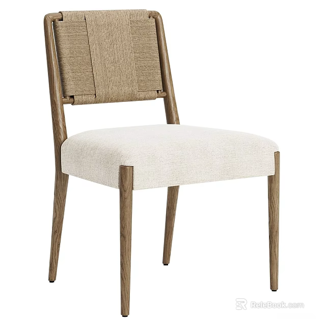 Modern Minimalist Dining Chair With Woven Backrest Cream Upholstered Seat And Wooden Legs 3d model 