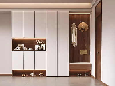 Modern Minimalist Entryway Shoe Cabinet With Hanging Area Open Shelves And Padded Shoe Bench 3d model