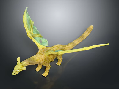 Detailed Yellow Pterosaur Model Featuring Green Transparent Wings And Long Tail 3d model