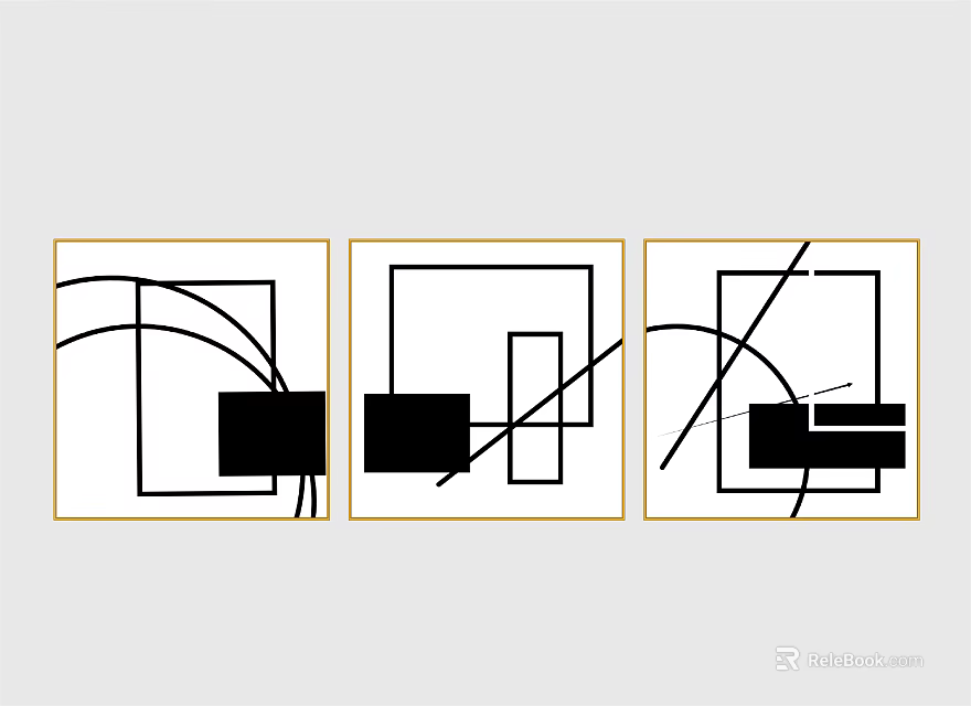 Three Panel Abstract Geometric Wall Art with Black White Design and Gold Frames 3d model 