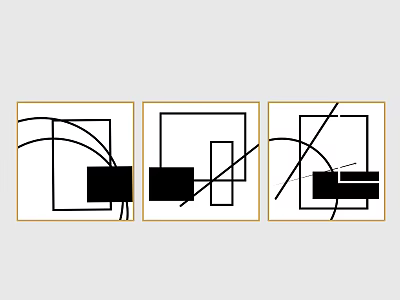 Three Panel Abstract Geometric Wall Art with Black White Design and Gold Frames 3d model