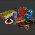Assorted Fresh Food Selection Featuring Watermelon Grapefruit Milk Soda Pop Donuts And Cupcakes