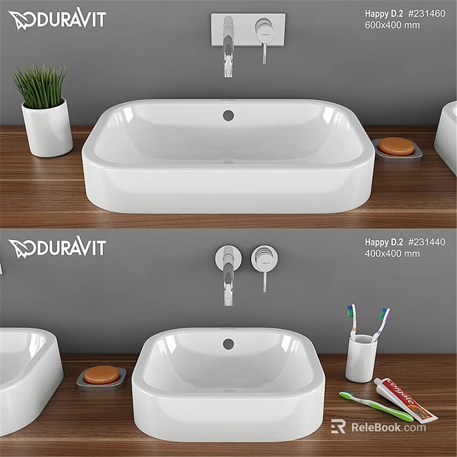 Duravit Happy D.2 400x400 mm White Washbasin On Wooden Countertop With Green Plant Toothbrush Holder 3d model 