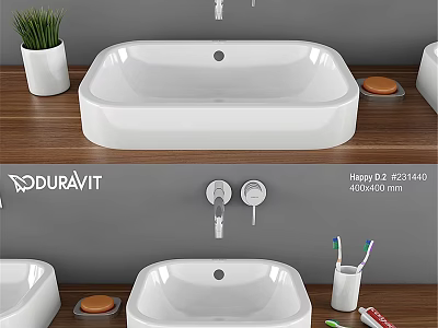 Duravit Happy D.2 400x400 mm White Washbasin On Wooden Countertop With Green Plant Toothbrush Holder 3d model