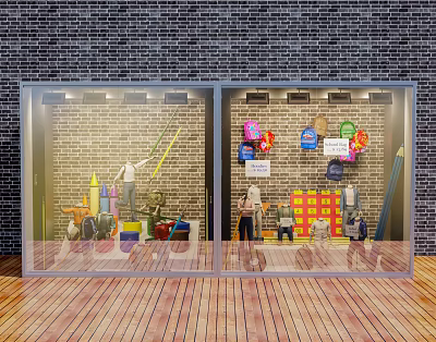 Creative Shop Window Display With Brick Wall Background Colorful Decorations And Models 3d model