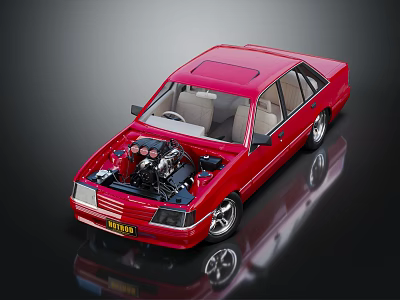 Red Classic Car With Open Hood And Exposed Engine On Black Surface 3d model