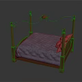 Four Poster Bed With Wooden Frame Decorative Metal Headboard Blue Mattress And Pink Pillows