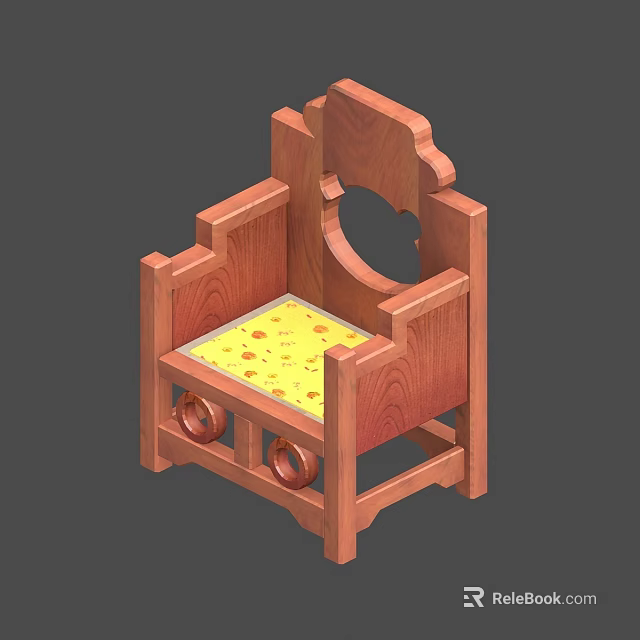 Wooden Single Chair With Carved Design And Yellow Patterned Cushion 3d model 