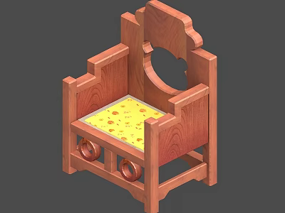 Wooden Single Chair With Carved Design And Yellow Patterned Cushion 3d model
