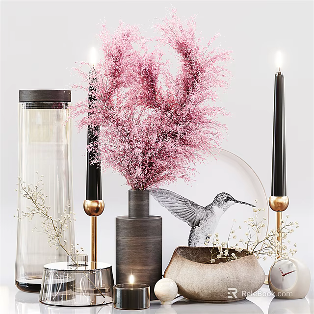 Stylish Decorative Ornament Set With Pink Dried Flowers Black Candles Vase And Bird Pattern Plate 3d model 
