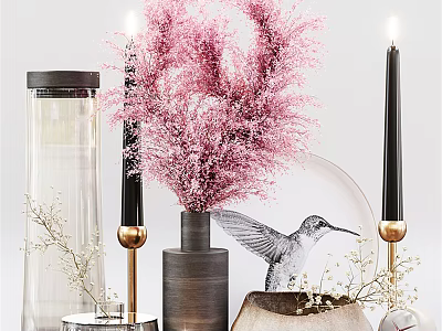 Stylish Decorative Ornament Set With Pink Dried Flowers Black Candles Vase And Bird Pattern Plate 3d model