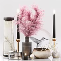 Stylish Decorative Ornament Set With Pink Dried Flowers Black Candles Vase And Bird Pattern Plate