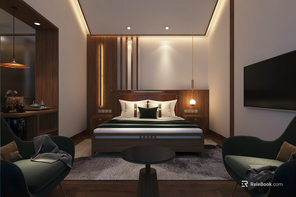 Modern Hotel Guest Room With Wooden Accents Lighting Design Comfortable Bed Nightstand TV And Armchairs 3d model 