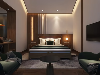 Modern Hotel Guest Room With Wooden Accents Lighting Design Comfortable Bed Nightstand TV And Armchairs 3d model