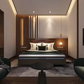 Modern Hotel Guest Room With Wooden Accents Lighting Design Comfortable Bed Nightstand TV And Armchairs