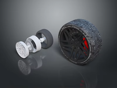 Car Tire With Black Alloy Wheel Rim Aggressive Tread Design And Red Accent Details 3d model
