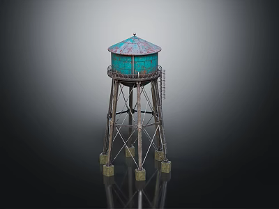 Industrial Style Water Tower With Blue Green Roof And Metal Frame Structure 3d model