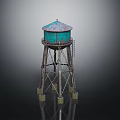 Industrial Style Water Tower With Blue Green Roof And Metal Frame Structure