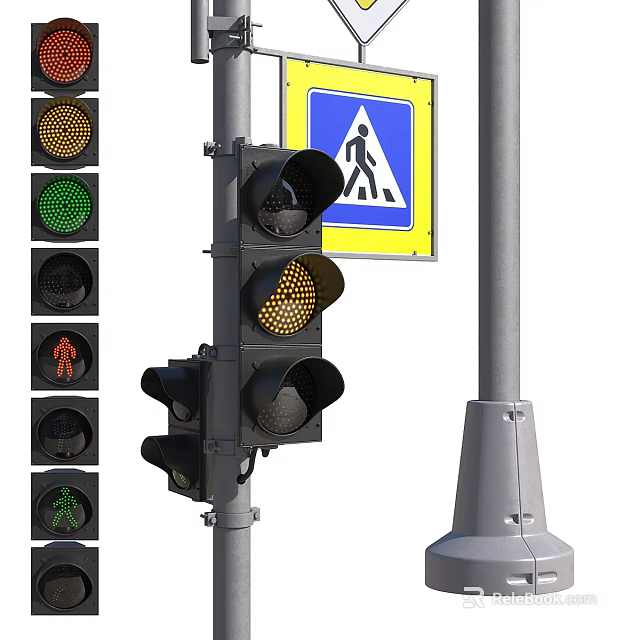 Outdoor Traffic Light Fixture With Pedestrian Crossing Sign And Metal Light Pole 3d model 