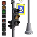Outdoor Traffic Light Fixture With Pedestrian Crossing Sign And Metal Light Pole