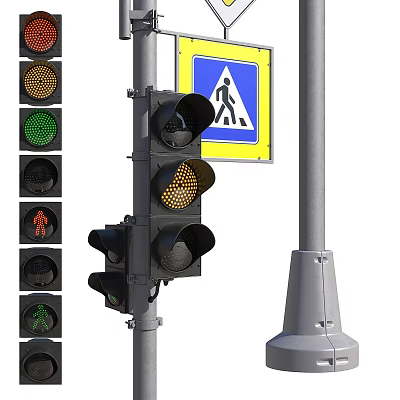 Outdoor Traffic Light Fixture With Pedestrian Crossing Sign And Metal Light Pole 3d model