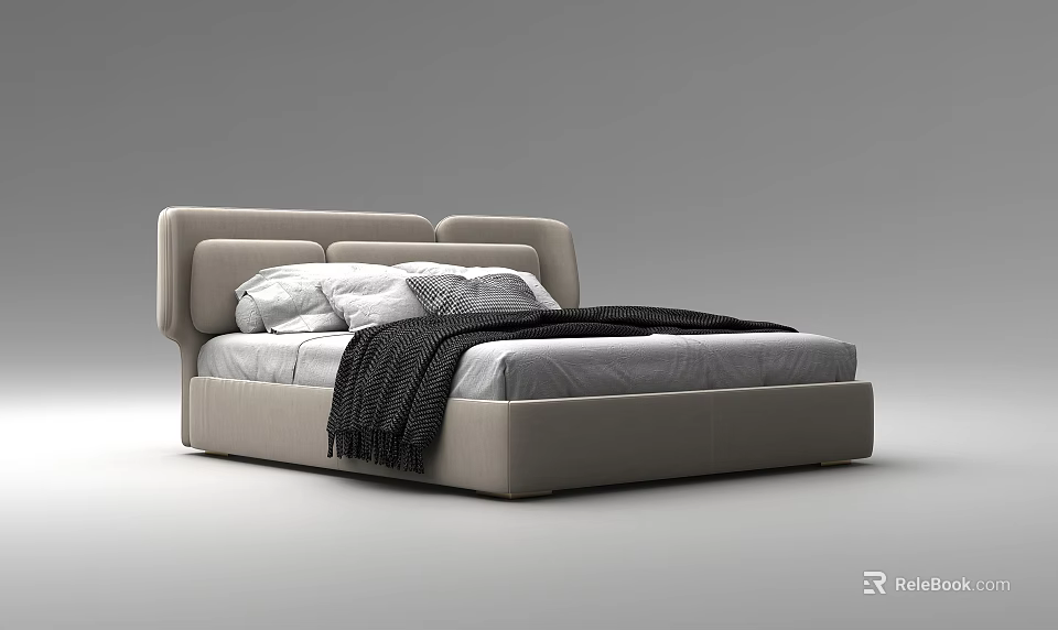 Modern Double Bed Interior Design With Upholstered Headboard Pillows And Blanket 3d model