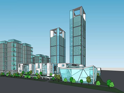 Modern High Rise Office Buildings With Glass Curtain Walls And Landscaped Trees 3d model