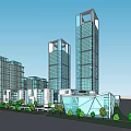 Modern High Rise Office Buildings With Glass Curtain Walls And Landscaped Trees