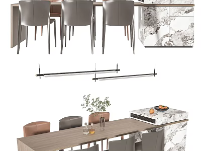 Elegant Dining Table Set With Wooden Top Marble Counter Chairs And Hanging Lights 3d model