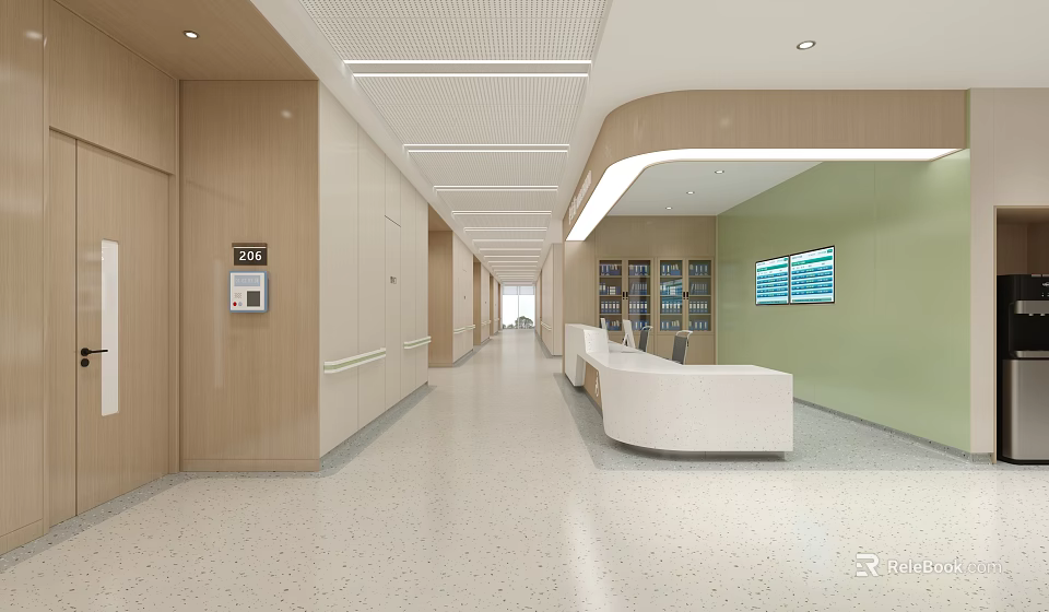 Medical Facility Corridor With Wooden Walls White Reception Counter And Green Wall 3d model 