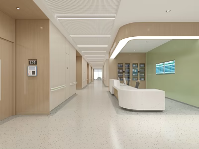 Medical Facility Corridor With Wooden Walls White Reception Counter And Green Wall 3d model