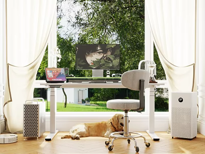 Modern Desk And Chair Set With Computer Setup By Window Green Plants Wooden Floor 3d model