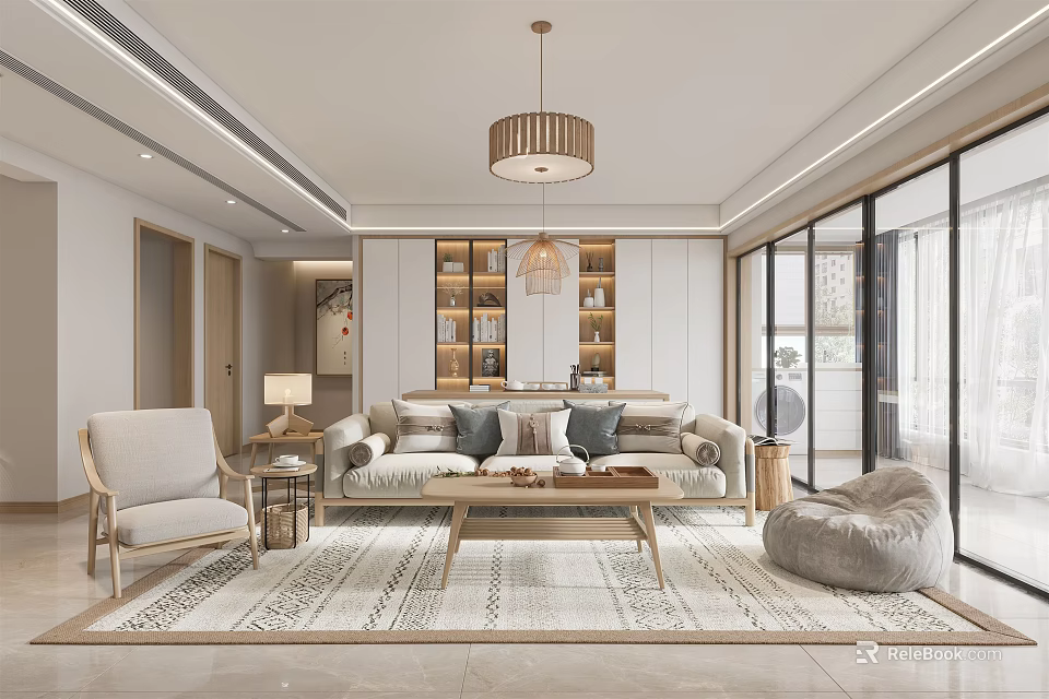 Modern Living and Dining Room Interior With Sofa Coffee Table Area Rug Chandelier And Bookshelf 3d model 
