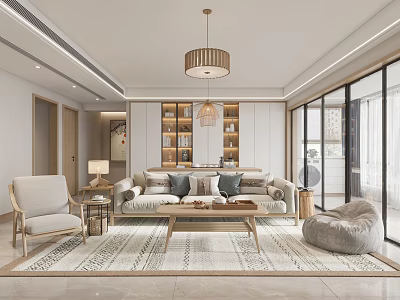 Modern Living and Dining Room Interior With Sofa Coffee Table Area Rug Chandelier And Bookshelf 3d model