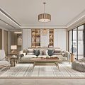 Modern Living and Dining Room Interior With Sofa Coffee Table Area Rug Chandelier And Bookshelf