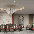 Modern Chinese Private Dining Room With Round Table Red Chairs Chandelier And Screen