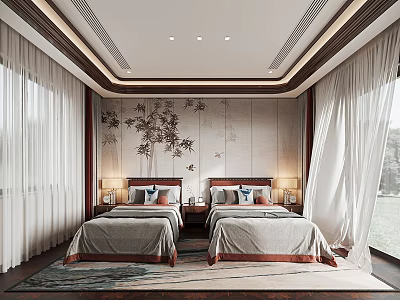 Traditional Chinese Bedroom Interior With Twin Beds White Curtains And Floral Wall Art 3d model