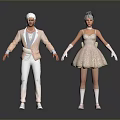 Man With White Hair In Light Pink Suit Jacket And White Pants Standing With Woman In Dress