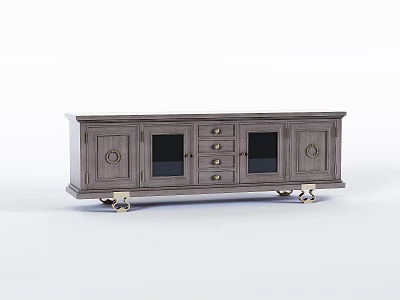Vintage Wooden TV Stand With Glass Doors Drawers Circular Decorations And Metal Casters 3d model