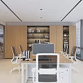 Modern Office Interior With Desks Computers Ergonomic Chairs Storage Cabinets And Mirror