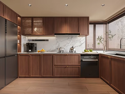 Modern Kitchen Interior With Wooden Cabinets Marble Countertops And Stainless Steel Refrigerator 3d model