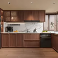 Modern Kitchen Interior With Wooden Cabinets Marble Countertops And Stainless Steel Refrigerator