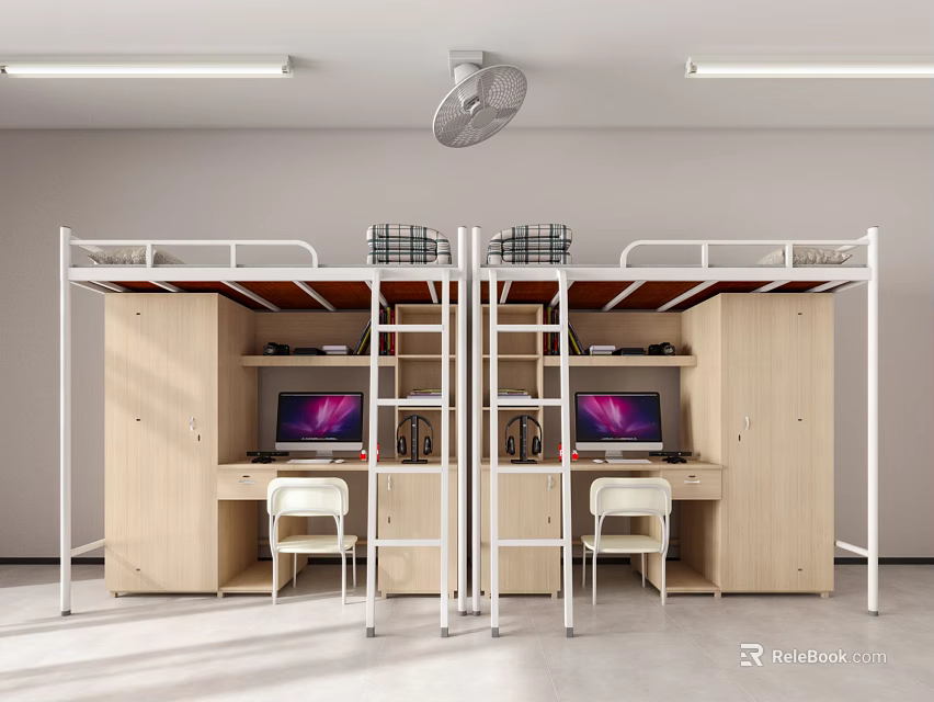 Bunk Bed Setup With Desks Chairs Storage Cabinets And Computers 3d model