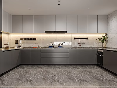 Modern Minimalist U Shaped Kitchen With Dark Gray Cabinets And Marble Tile Interior Design 3d model