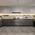 Modern Minimalist U Shaped Kitchen With Dark Gray Cabinets And Marble Tile Interior Design