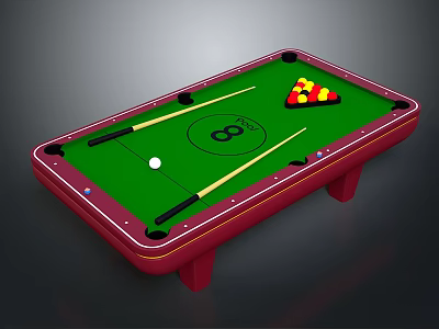 Red Frame Green Felt Billiard Table With White Cue Ball Cues And Colored Balls Triangle 3d model